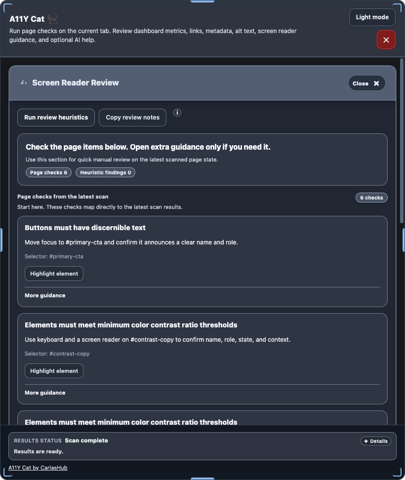 Later extension screen-reader review panel