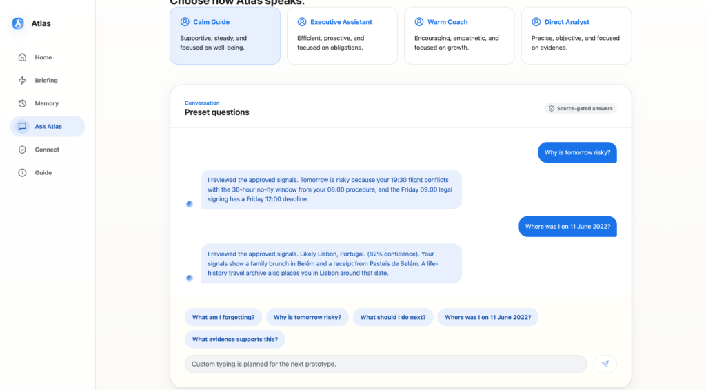 Atlas Ask screen showing preset questions, source-gated answers, and approved signals for a risky schedule conflict.
