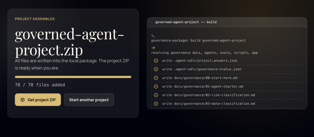 AI-Agent SDLC Boilerplate banner showing a governed-agent-project ZIP and terminal output for governance files, agents, evals, scripts, and app setup.
