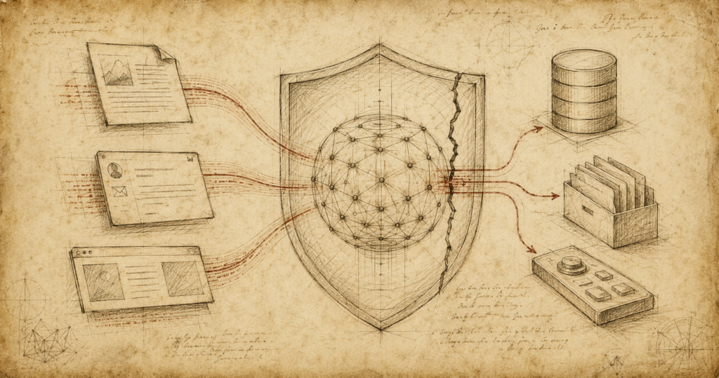 Hand-drawn security diagram showing documents, email and web content crossing a cracked AI shield toward a database, files and tools.