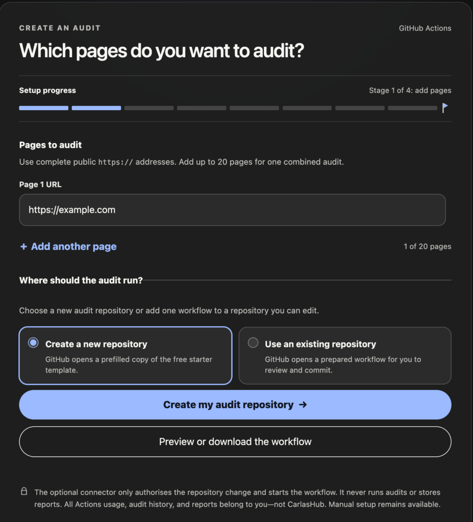 Accessibility Audit setup builder showing page selection and GitHub Actions options